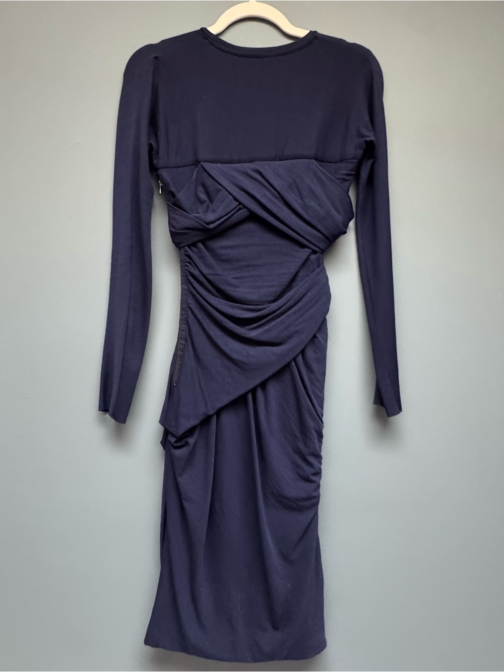 Carven Navy Long-Sleeve Draped Midi Dress sz 38
